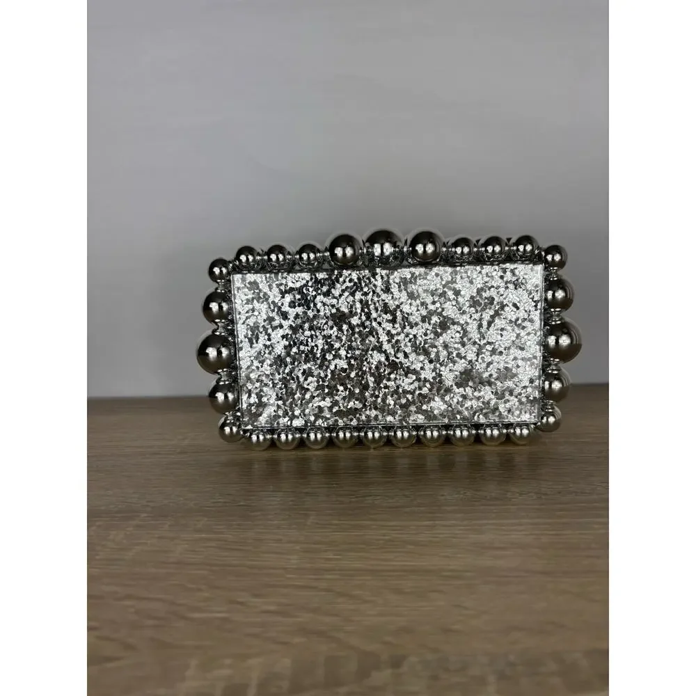 Silver Glitter Acrylic Box Clutch Bubble Ball Evening Bag Crossbody Chain Purse